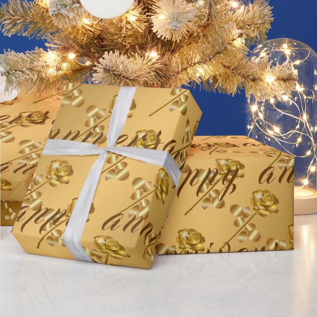 Luxury Happy Floral Gold 50th Anniversary Wrapping Paper (Holidays)