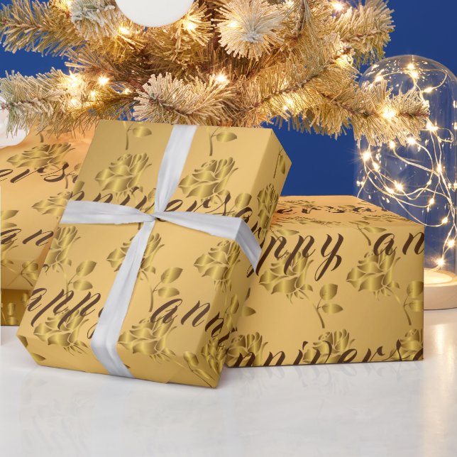 Luxury Happy Gold 50th Anniversary Floral Wrapping Paper (Holidays)