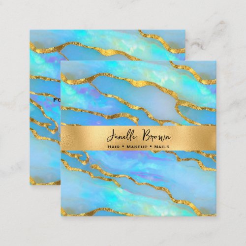 Luxury Holographic Faux Opal Stone and Gold Foil  Square Business Card