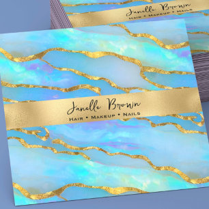 Luxury Holographic Faux Opal Stone and Gold Foil Square Business Card