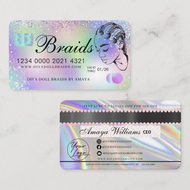 Luxury Holographic Foil Hair Braiding Credit Style Business Card (Front/Back)