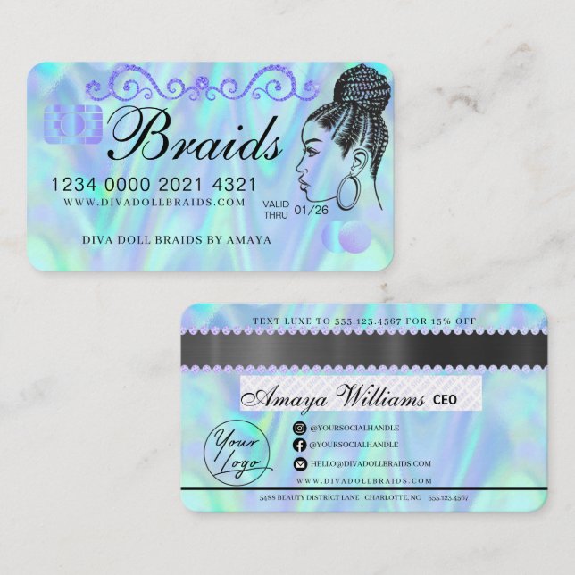 Luxury Holographic Foil Hair Braiding Credit Style Business Card (Front/Back)