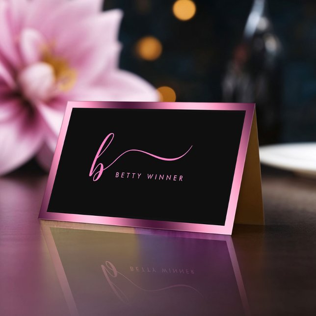 Luxury Hot Pink Foil Frame Modern Script Monogram Business Card (Creator Uploaded)