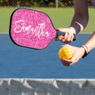 Luxury Hot Pink Glitter Brush Script Pickleball Paddle