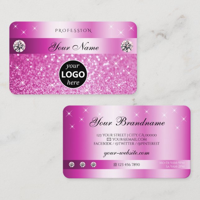 Luxury Hot Pink Glitter Sparkling Stars with Logo Business Card (Front/Back)