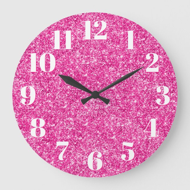 Luxury Hot Pink Glitter Trendy Numbers Large Clock (Front)