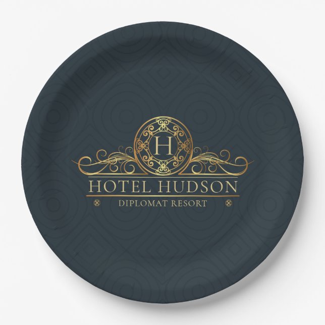 Luxury Hotel Branding Monogrammed Paper Plates (Front)