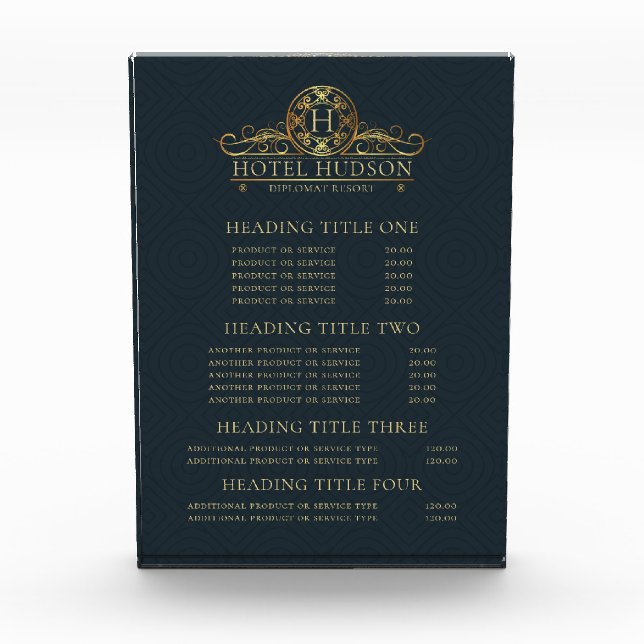 Luxury Hotel Pricing & Services Display Sign Acrylic Award (Front)