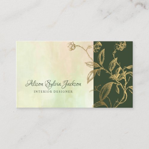 Luxury hunter green gold custom interior designer business card