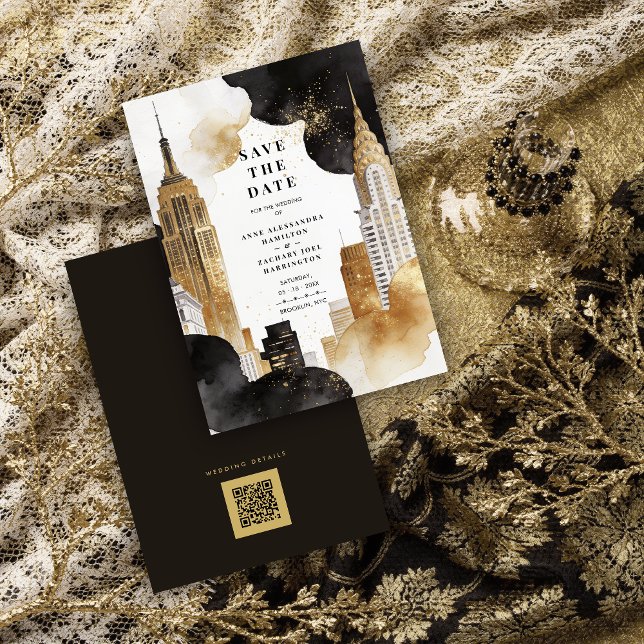 Luxury Iconic NY Buildings Cityscape Glitter  Save The Date (Luxury Iconic NYC Buildings Cityscape with Glitter effect Wedding Save the Date Card Design.)
