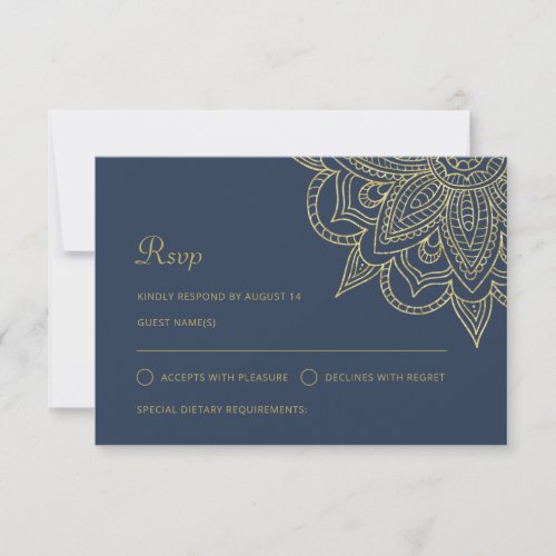 Luxury Indian Elegant Blue Gold Mehndi Wedding RSVP Card