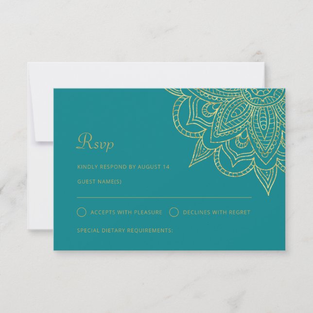 Luxury Indian Elegant Teal Gold Mehndi Wedding RSVP Card (Front)