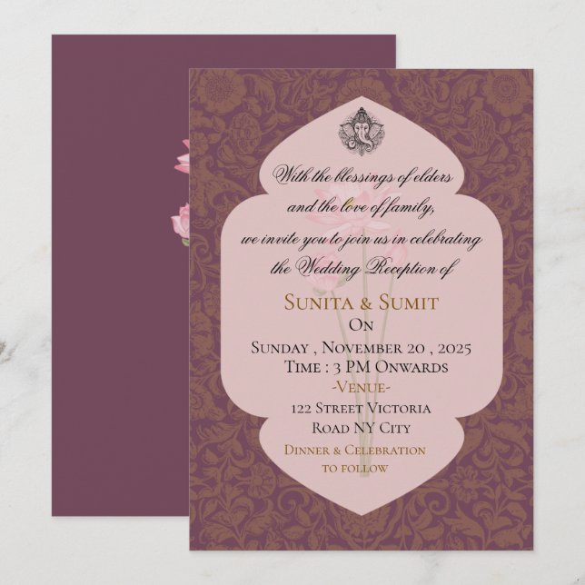 Luxury Indian Wedding Reception Invitation (Front/Back)
