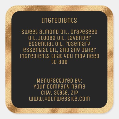 luxury ingredients label _ black and gold square