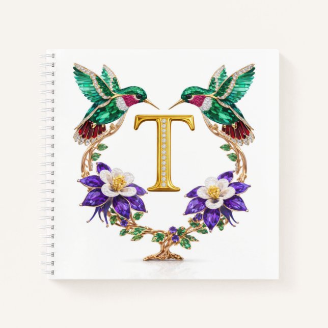 Luxury Initial T Wedding Hummingbird Jewel Gift Notebook (Front)