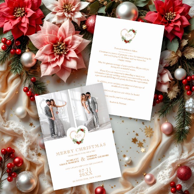 Luxury Initials Floral Christmas Heart 2 Photos Save The Date (Luxury Initials Elegant Floral Christmas Heart 2 Photos Wedding Save the Date Holidays Cards.)