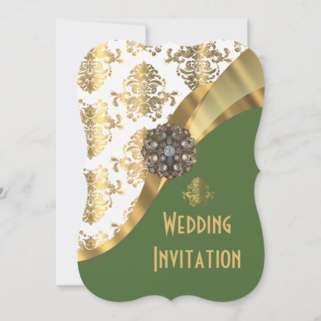 Luxury Irish green and gold damask wedding Invitation (Back)