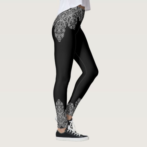 Luxury Italian Lace Pattern White on Black  Leggings