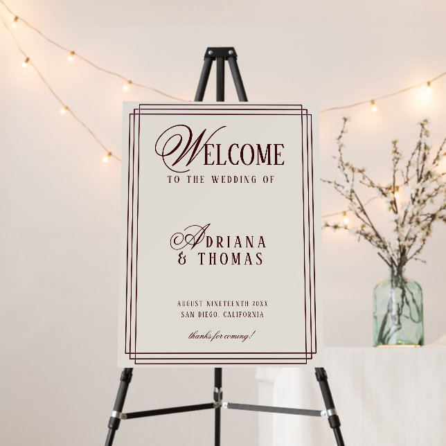 Luxury Ivory Burgundy Wedding Welcome Sign (In Situ (Stand))