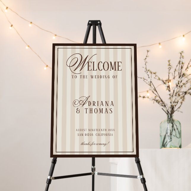 Luxury Ivory Espresso Striped Wedding Welcome Sign (In Situ (Stand))