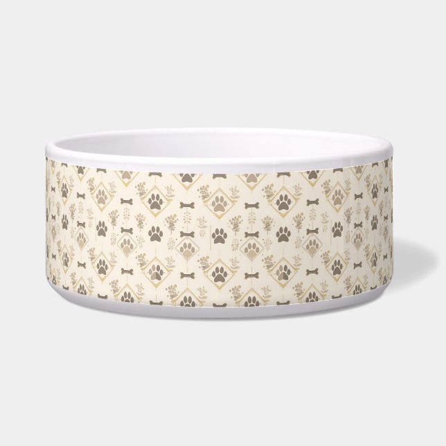 Luxury Ivory & Faux Gold Geometric Dog Bowl (Front)