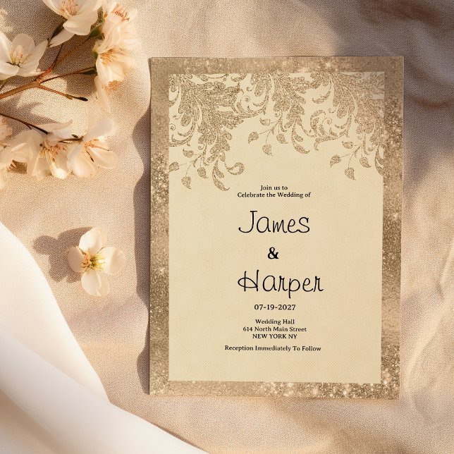 Luxury ivory gold glitter lace floral Wedding Invitation (Luxury ivory gold glitter lace floral Wedding )