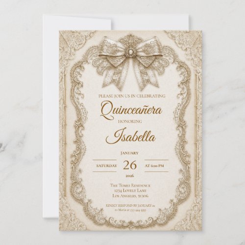 Luxury Ivory Gold Lace Bow Quinceañera Invitation