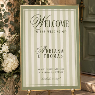Luxury Ivory Green Striped Wedding Welcome Sign