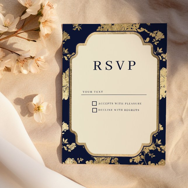 Luxury ivory navy blue gold floral RSVP Invitation (Luxury ivory navy blue gold floral RSVP )