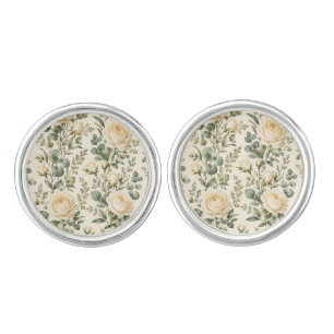 Luxury Ivory Rose & Sage Green Eucalyptus Wedding Cufflinks