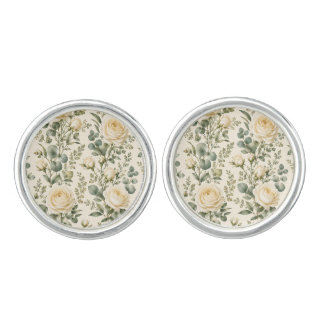 Luxury Ivory Rose & Sage Green Eucalyptus Wedding Cufflinks