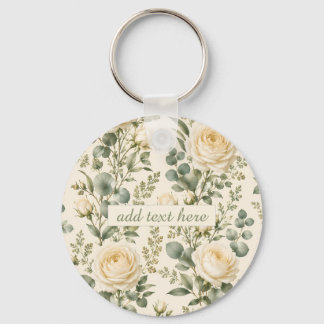 Luxury Ivory Rose & Sage Green Eucalyptus Wedding Keychain