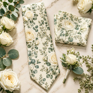 Luxury Ivory Rose & Sage Green Eucalyptus Wedding Neck Tie