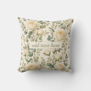 Luxury Ivory Rose & Sage Green Eucalyptus Wedding Throw Pillow