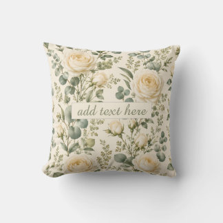 Luxury Ivory Rose & Sage Green Eucalyptus Wedding Throw Pillow