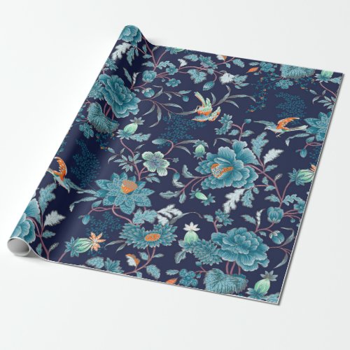 Luxury Japanese Blue Peony and Birds Romantic Wrapping Paper