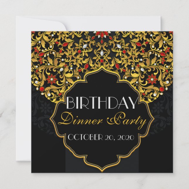 Luxury Jeweled Black Red Gold Birthday Dinner Invitation (Front)