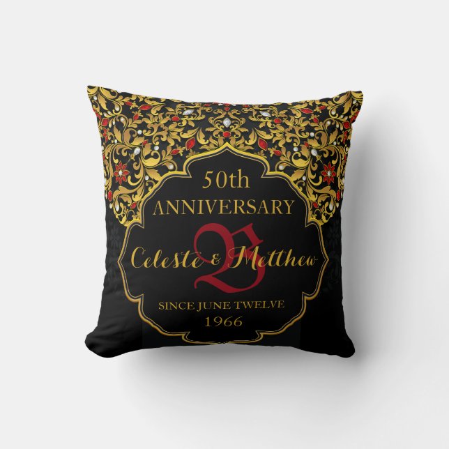 Luxury Jeweled Black Red Gold Wedding Anniversary Throw Pillow (Front)