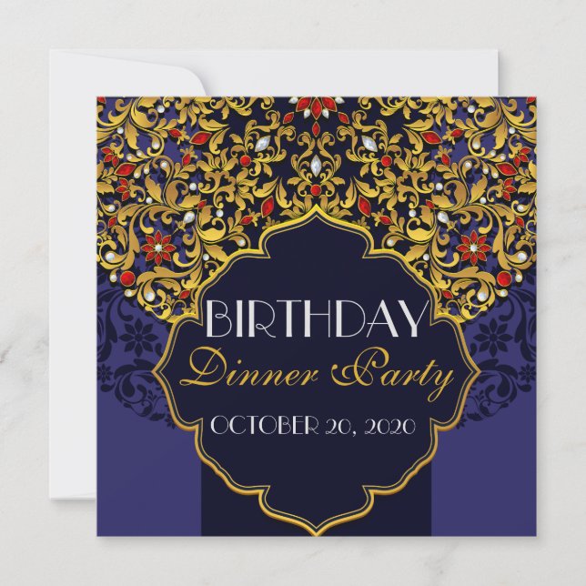 Luxury Jeweled Blue Red Gold Birthday Dinner Invitation (Front)