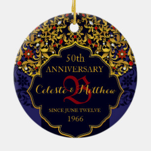 Luxury Jeweled Blue Red Gold Wedding Anniversary Ceramic Ornament