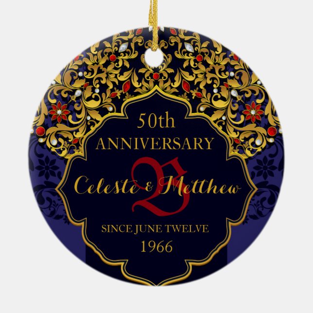 Luxury Jeweled Blue Red Gold Wedding Anniversary Ceramic Ornament (Back)