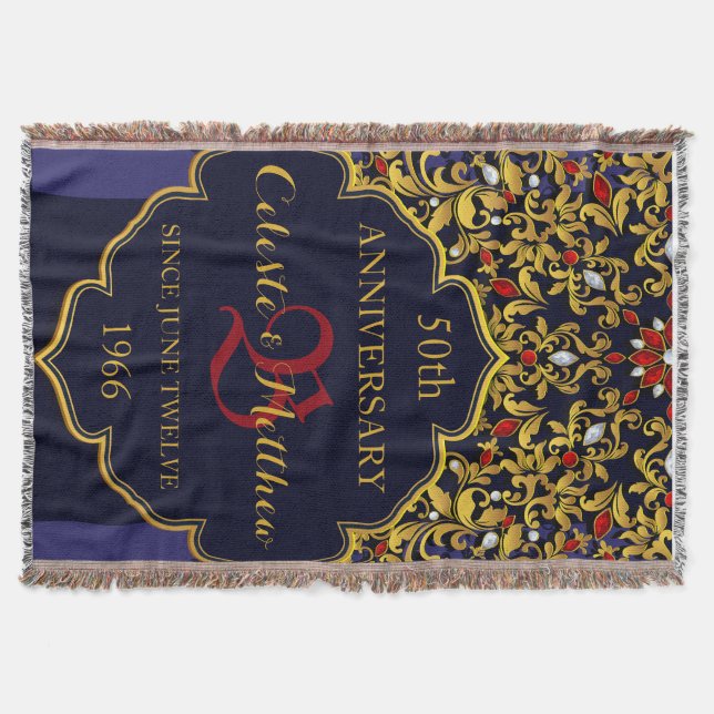 Luxury Jeweled Blue Red Gold Wedding Anniversary Throw Blanket (Front)