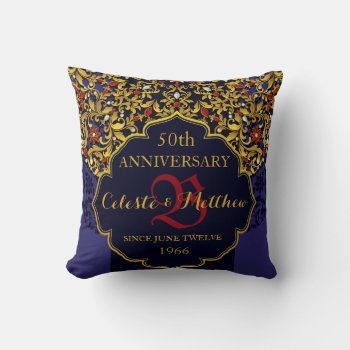 Luxury Jeweled Blue Red Gold Wedding Anniversary Throw Pillow by riverme at Zazzle