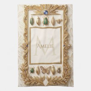 Luxury Jeweled Botanical Frame with Custom Name Kitchen Towel