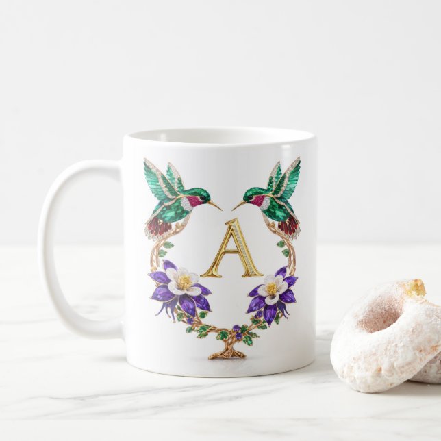 Luxury Jeweled Hummingbird Monogram A  Coffee Mug (With Donut)