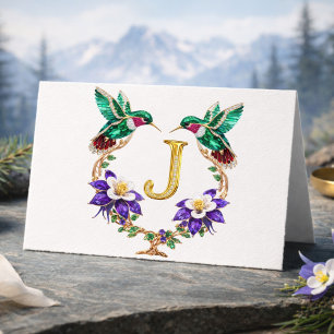 Luxury Jeweled Hummingbird Monogram J Wedding Thank You Card