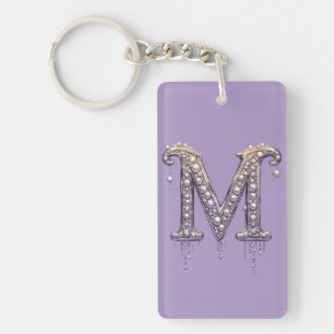 Luxury Jeweled Letter M Monogram With Pearls Keychain