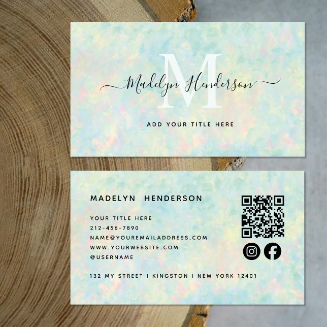 Luxury Jewelry Opal QR Code Social Media Monogram Business Card (Creator Uploaded)