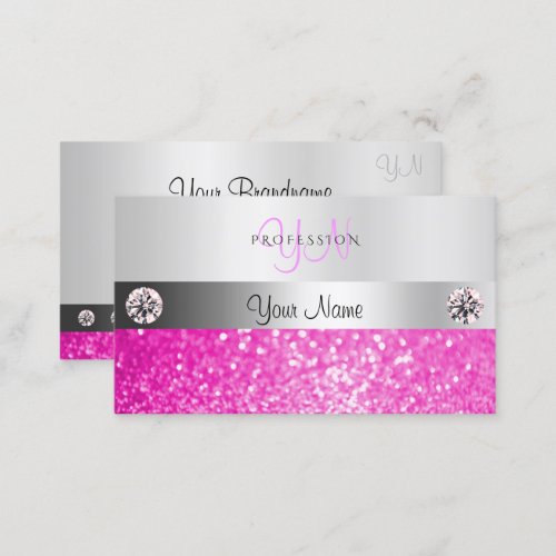 Luxury Jewels Silver Shimmer Pink Glitter Monogram Business Card