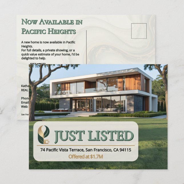 Luxury Just Listed Realtor Photo Sage Gold Marble  Postcard (Front/Back)